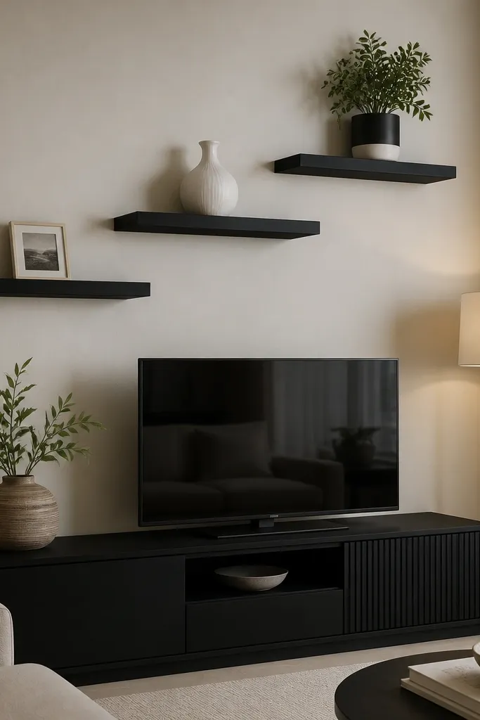 Three black floating shelves mounted above a black TV console. The shelves step up left to right, with a small framed photo on the lowest shelf, a white ceramic vase on the middle, and a tall black-and-white plant pot on the top shelf. Warm picture lights are not present; the lighting comes from a nearby lamp.