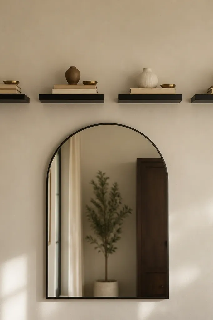 Four black floating shelves in a horizontal line. On each shelf there are neatly stacked books with beige and cream covers, a small brass tray, and one ceramic object. The wall behind is a warm off-white with a large arched mirror centered below.