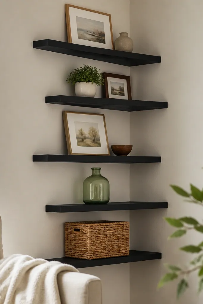 Five black floating shelves running up a corner wall. Each shelf is offset so the left side is slightly higher than the right, with a 2-inch gap between shelf edges. The shelves hold a woven basket on the bottom, a glass bottle, a small plant, and framed prints.