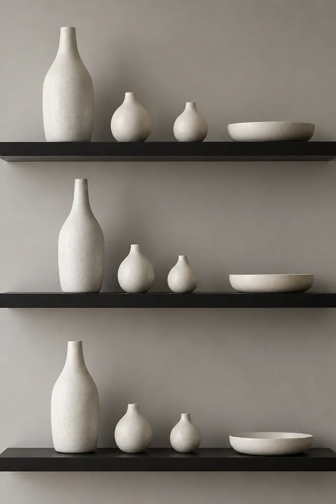 Three black floating shelves. Each shelf has a cluster of white ceramic pieces: a tall vase, two small bud vases, and a shallow dish. The wall is a pale gray, and the items have subtle texture like speckled glaze.