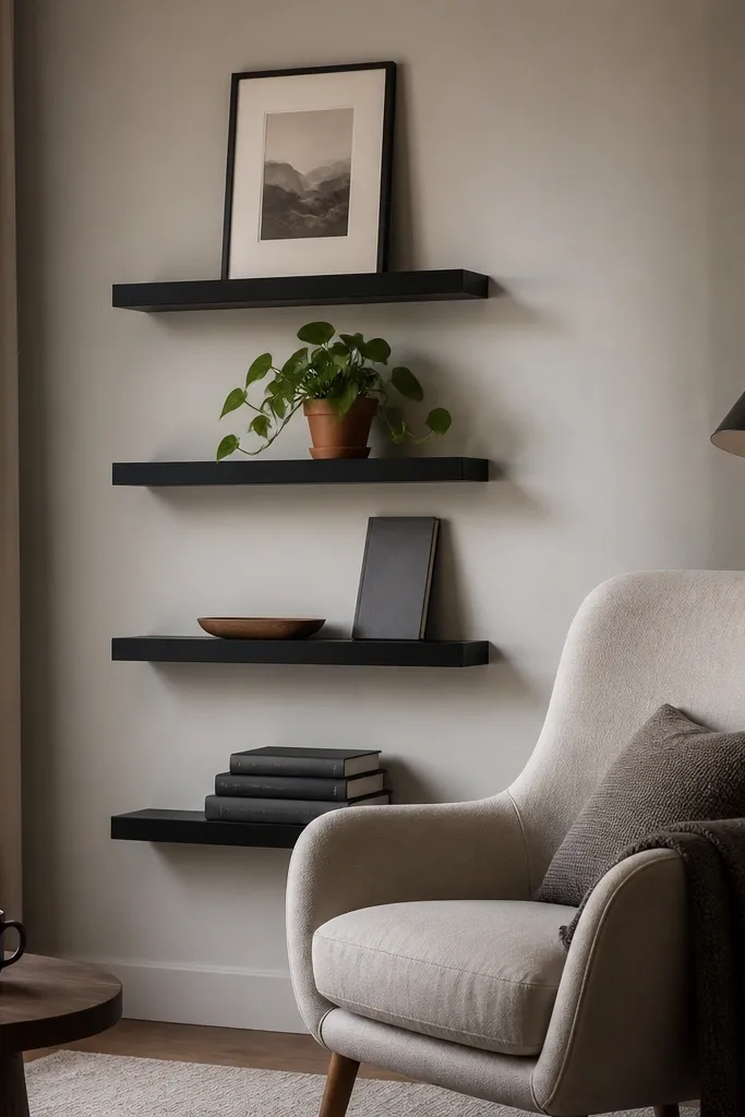Four black floating shelves on a wall beside a reading chair. The bottom shelf has a stack of dark books, the next has a small wooden tray and a book leaning upright, the third has a plant in a terracotta pot, and the top shelf has a framed print.