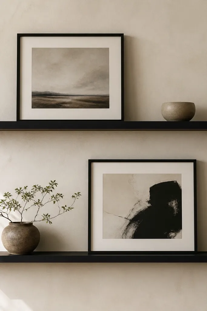 Two black floating shelves with large framed artworks placed on each shelf. The frames are black and white, matte, and the shelf items are spaced widely. The wall has a textured plaster look in warm white.