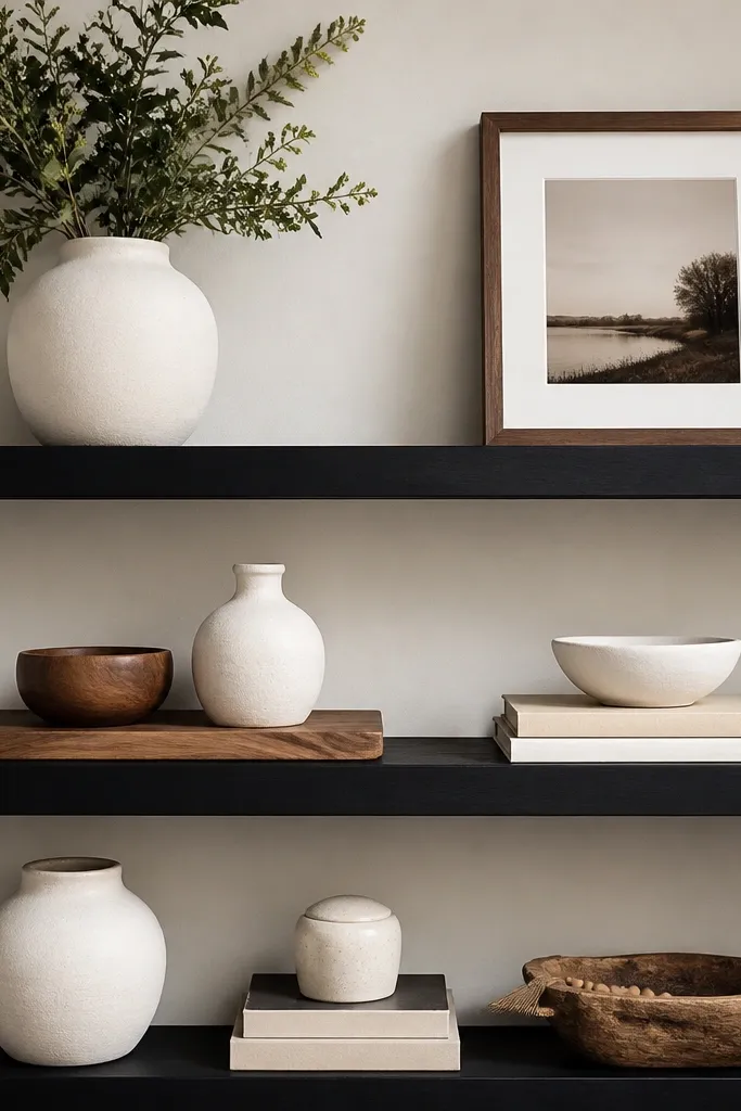 Three shelves where the main shelves are black, but the decor includes a walnut cutting-board-like tray, a walnut picture frame, and a small wood bowl. White and cream ceramics sit beside the wood accents.