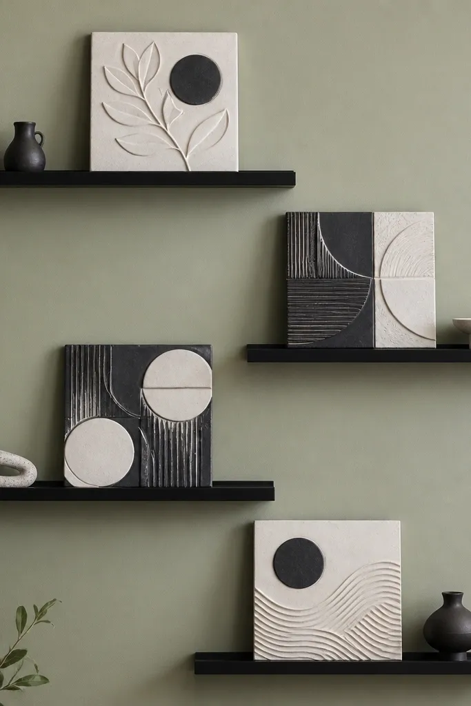 Four black floating shelves with black-and-white ceramic relief tiles and small sculptural objects. The wall behind is a soft sage green. Items are staggered so each shelf has one dominant piece.