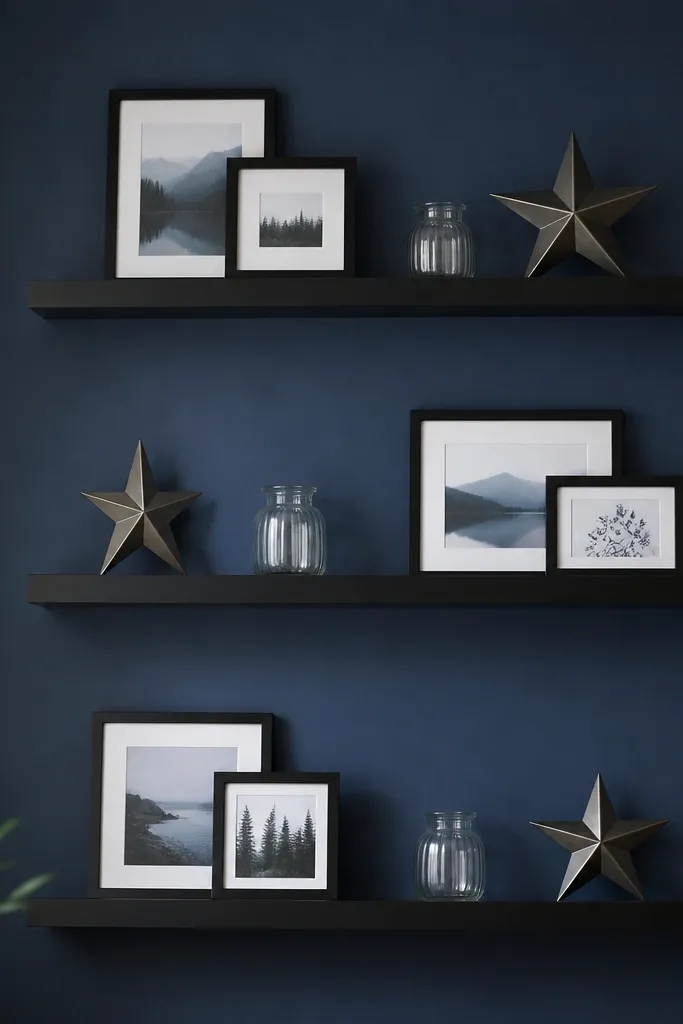 Three black floating shelves on a deep blue wall. On each shelf are black picture frames, a small glass jar, and a single metallic star ornament. The shelves are clean with generous spacing.