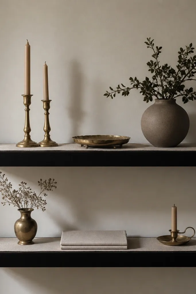 Two black floating shelves. A thin linen runner runs across the shelf surface. On the runner are brass candlesticks, a small brass tray, and a folded book laid flat.