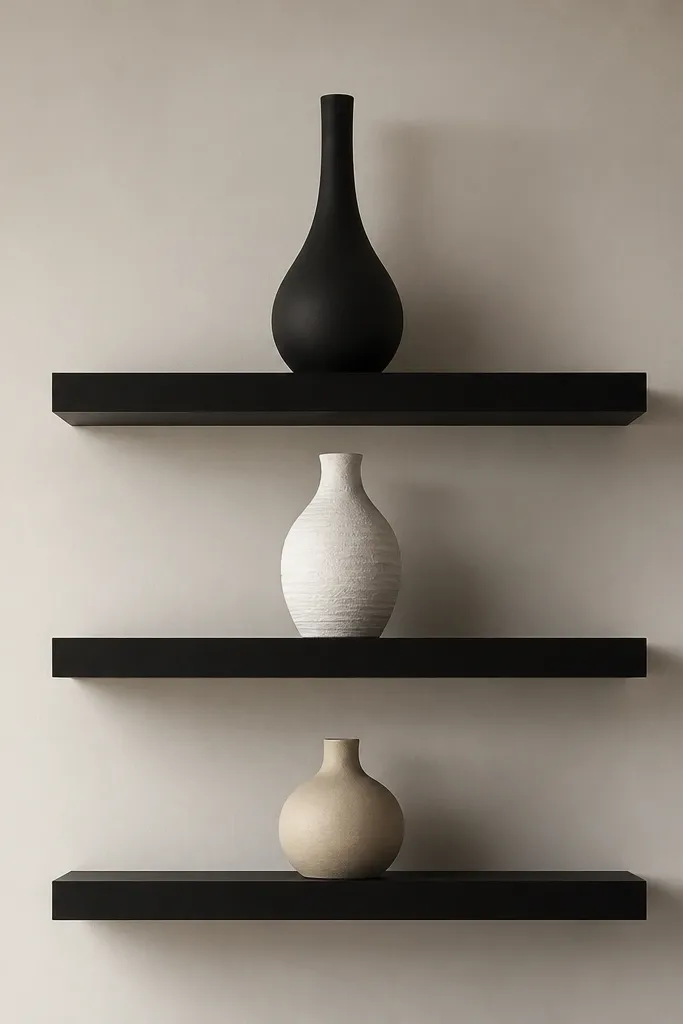 Three black floating shelves with a single sculptural vase on each shelf. The vases are different heights: short matte beige on the bottom, medium white with texture in the middle, and tall black vase on top. No other items appear.