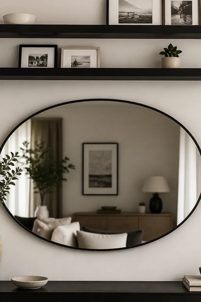 Two black floating shelves mounted above a large oval mirror. The shelves hold small framed photos, a white ceramic bowl, and a tiny plant. The mirror reflects the room and makes the wall look deeper.