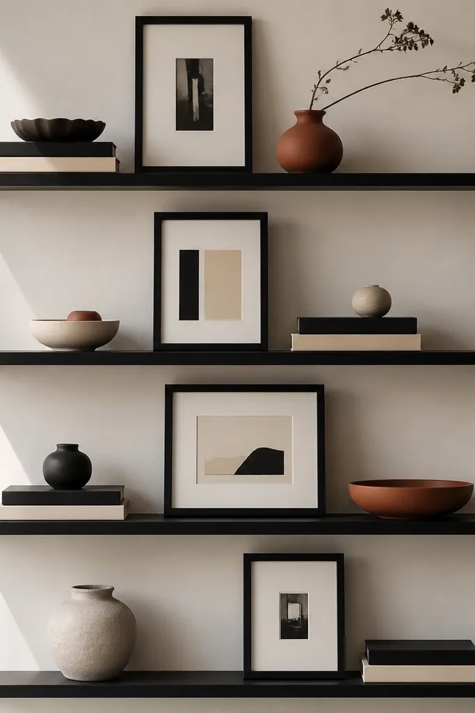 Four black shelves. Each shelf has stacked frames: two frames lying flat and one standing upright. Colors are black, cream, and one muted terracotta accent. The wall is off-white.