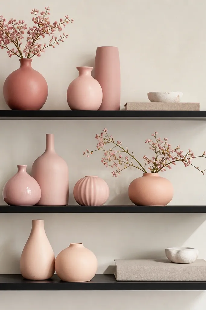 Three black shelves with vases all in the same color family - dusty rose, blush pink, and pale peach. Each shelf also has one neutral book and one small white stone dish. The wall is warm white.