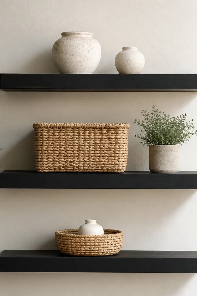 Three black floating shelves with woven baskets. The bottom shelf holds a small round woven basket with a white ceramic mini inside. The middle shelf has a larger rectangular basket and a small plant. The top shelf has two ceramic minis.