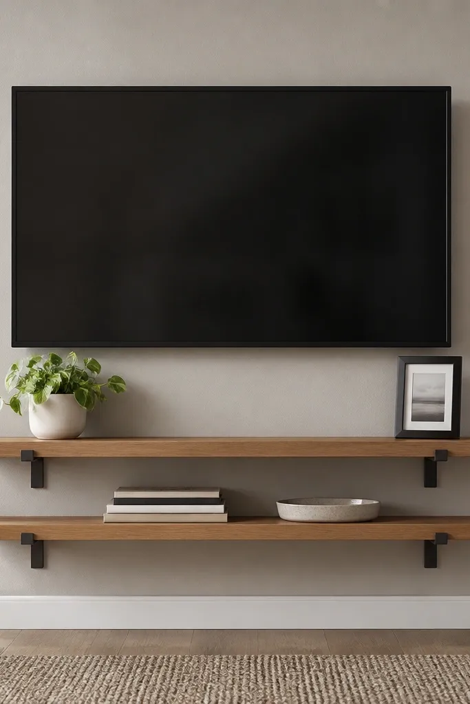 A centered wall-mounted TV with two floating shelves: one shelf runs horizontally just below the TV and a second shelf sits slightly lower. The shelves are warm oak with matte black brackets. The top shelf holds a small plant in a white pot and a slim black frame. The lower shelf holds a short stack of books and a ceramic tray.