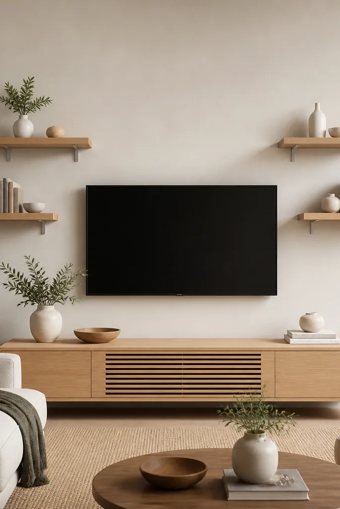 A centered TV with three floating shelves forming a ladder pattern: two shelves on the left step downward toward the right, and two matching shelves on the right step downward toward the left. Shelves are light wood with thin, silver metal brackets. Styling includes small white vases and a few books.
