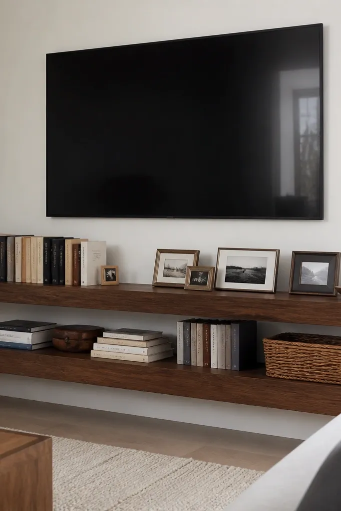 A wall-mounted TV with two long floating shelves beneath it that are deeper than typical. The shelves are walnut stained wood with hidden brackets. The top shelf holds books standing upright and a row of small framed photos. The bottom shelf holds a mix of books and a woven basket on the right.