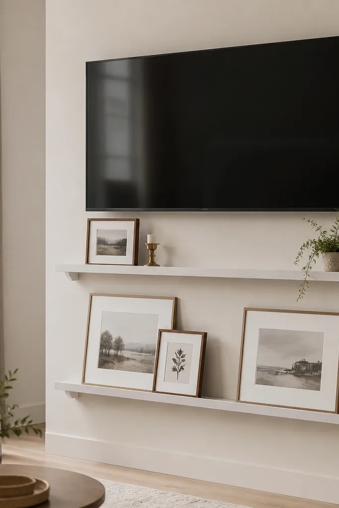 A TV mounted above two narrow floating picture ledges. The ledges are off-white wood with slim brackets. On the ledges there are framed prints with white mats, a small brass candle holder, and a tiny plant.