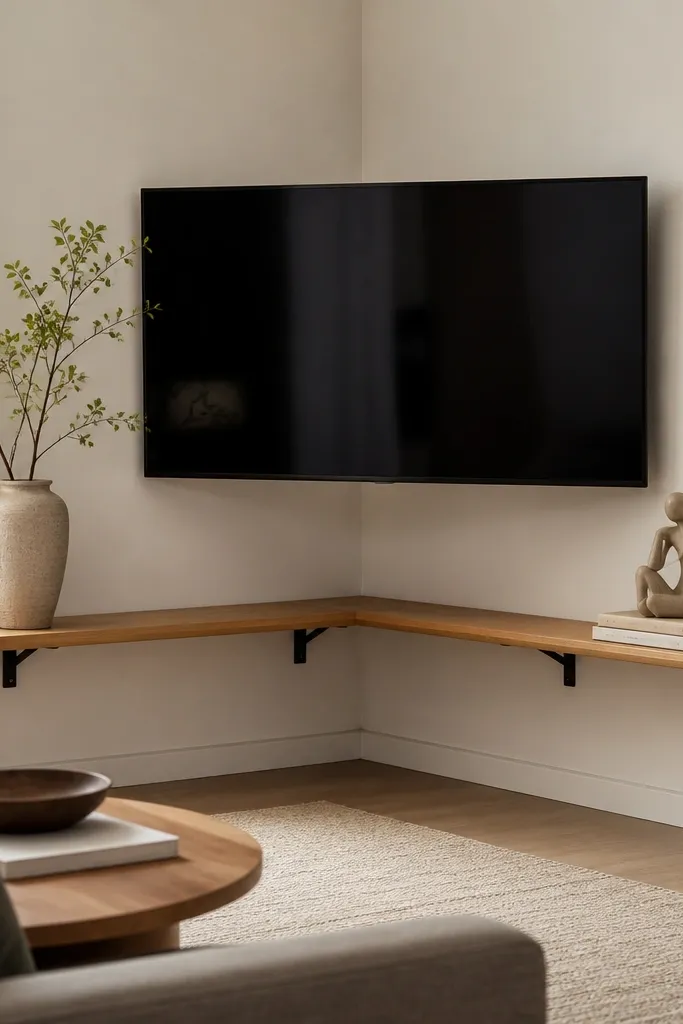 A wall-mounted TV on a corner wall with shelves that start at the corner and wrap slightly along each side. The shelves are light oak with black brackets. The left side has a shelf holding a tall vase, and the right side has a shelf holding a small sculpture and books.