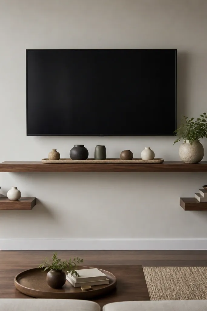 A centered TV with one long floating shelf directly below it. On the left and right sides, two shorter mini-shelves sit further down, offset from the center shelf. The shelves are walnut with black hidden brackets. The center shelf has a long runner tray and a row of small decor objects.