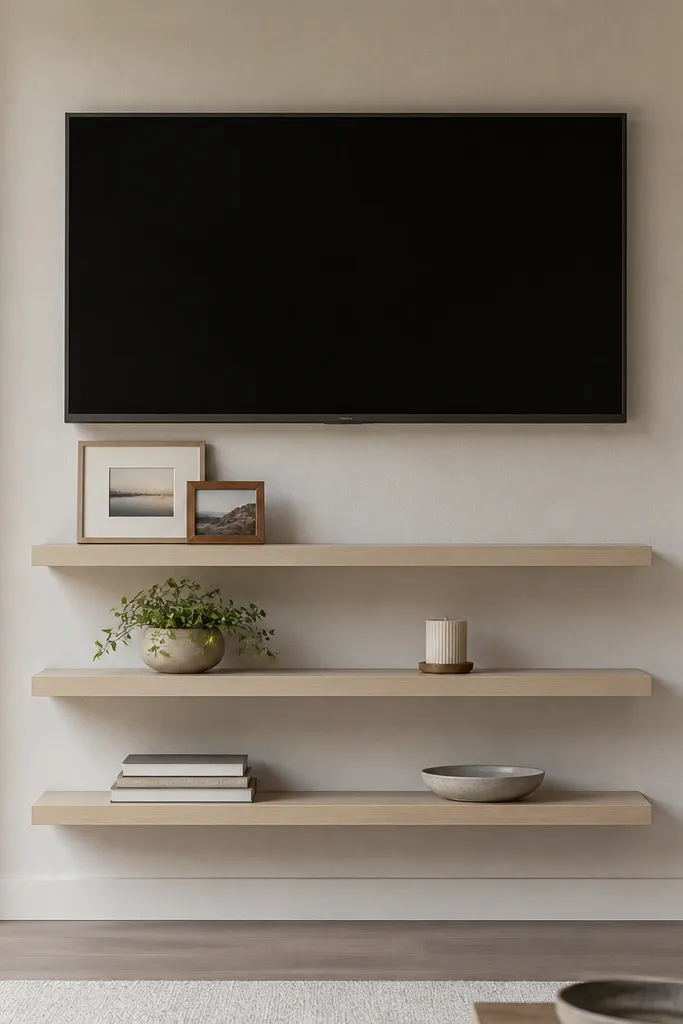 A centered TV with three floating shelves stacked evenly beneath it. The shelves are white oak with light gray concealed brackets. The top shelf has two framed photos, the middle shelf has a small plant and a candle, and the bottom shelf has books and a low ceramic bowl.