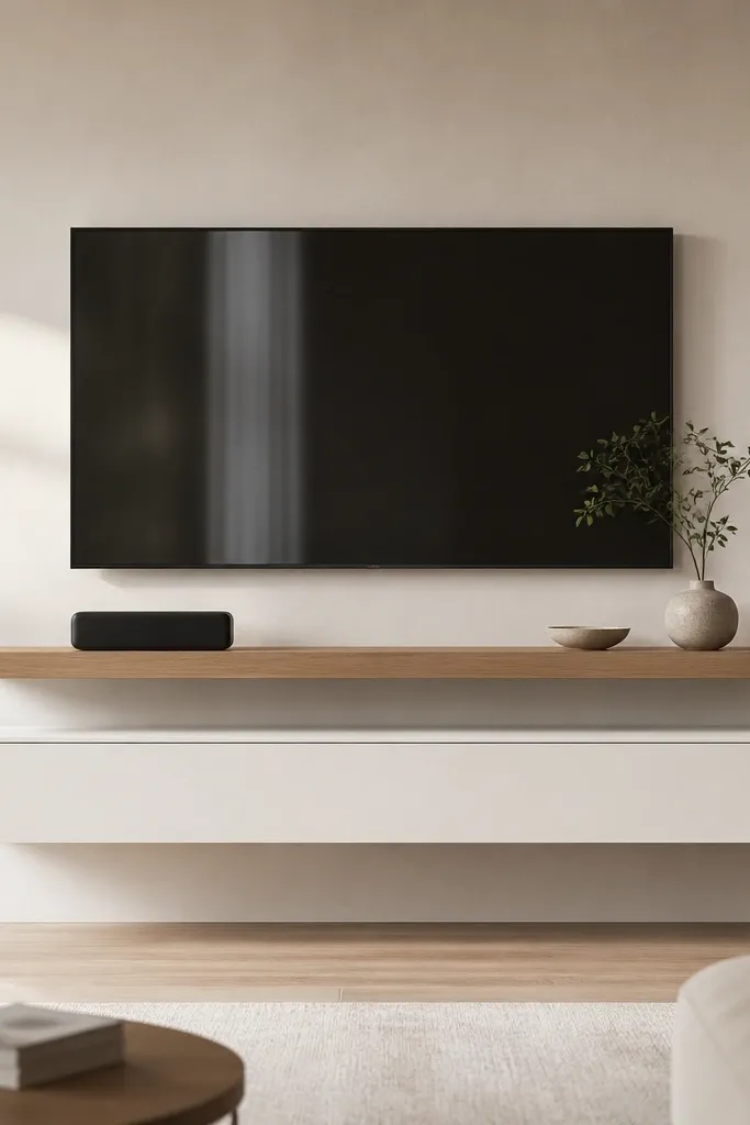 A TV wall with one floating shelf directly under the TV and a slim floating cabinet drawer below it. The shelf is oak, the cabinet is white. On the shelf are a small speaker and decor. On the drawer there are no objects, just clean lines.