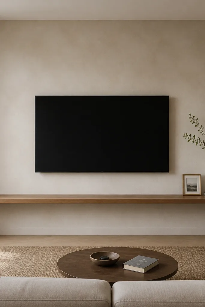 A centered TV with one long floating shelf below it. The shelf spans nearly the full wall width between corners. The shelf has a large empty space on the left and a styled cluster on the right: a tall ceramic vase, a small framed photo, and a stack of books.