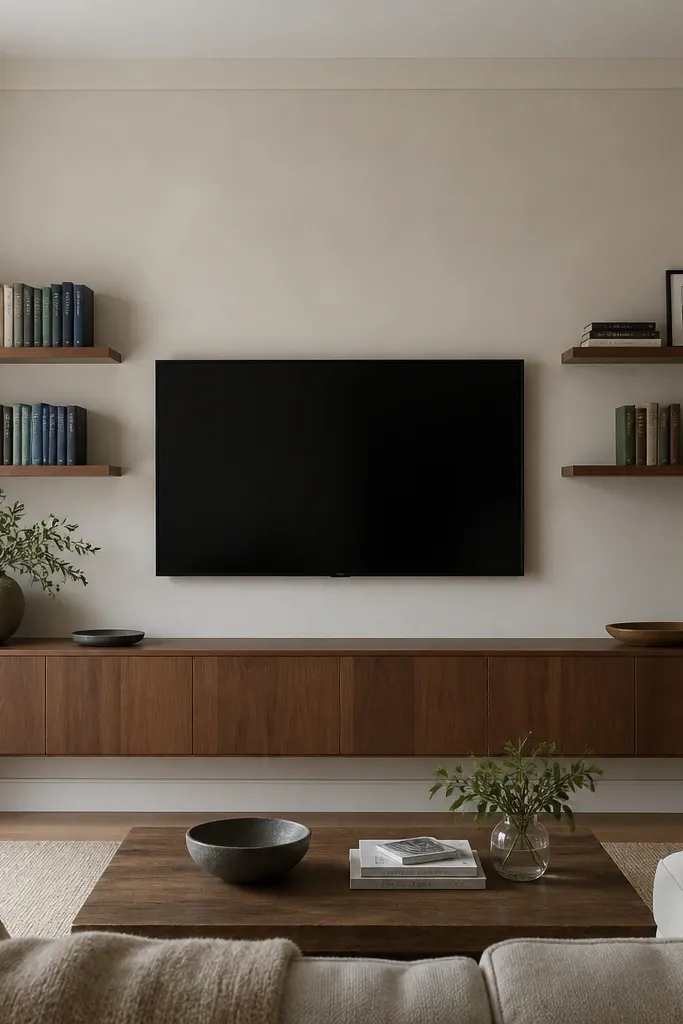 A TV with two tiered floating shelves on the left and two on the right, each tier slightly higher toward the outside. The shelves are walnut with hidden brackets. The left shelf tiers hold books standing vertically with matching color spines. The right tiers hold a few books plus small frames.