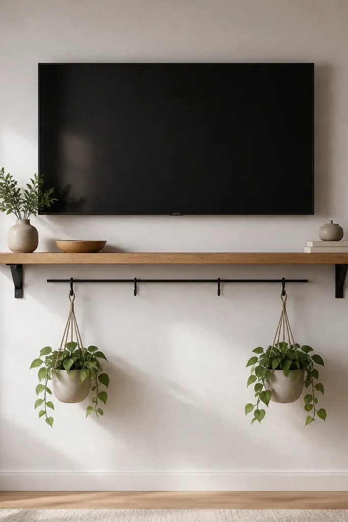 A TV wall with a single floating shelf below it, and under that shelf a second line of small hooks holding hanging planters. The shelf is oak, brackets are black. Two small hanging planters sit symmetrically left and right of the TV center.