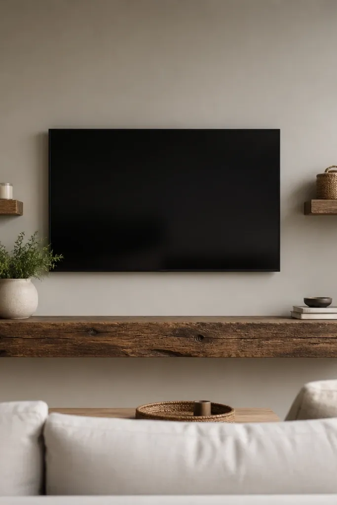 A TV mounted on a wall with one thick floating mantel-style shelf running under it. On the far left and far right, two smaller floating shelves sit at shoulder height. The thick shelf is reclaimed-looking wood with visible grain. Side shelves hold small baskets and a candle.
