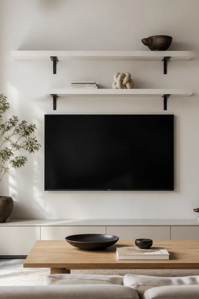 A TV mounted above a low console line that is mostly hidden by the design. Above the TV, there are two floating shelves creating a grid: a shorter shelf directly under the TV and a wider shelf above it. The shelves are white with black brackets. Decor includes a few stacked books and a small sculpture.