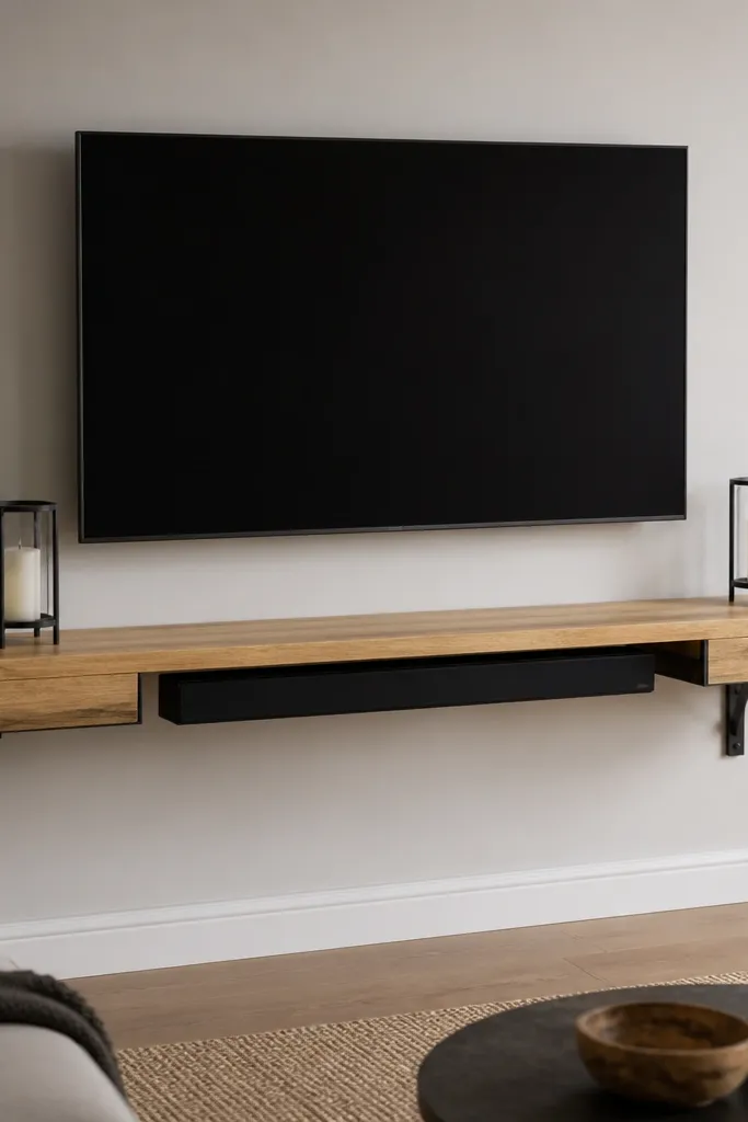 A wide floating shelf under a mounted TV. The shelf has a recessed-looking center area where a soundbar sits below the shelf line. The shelf top is oak, brackets are black. The sides hold two identical candle holders and a small plant.
