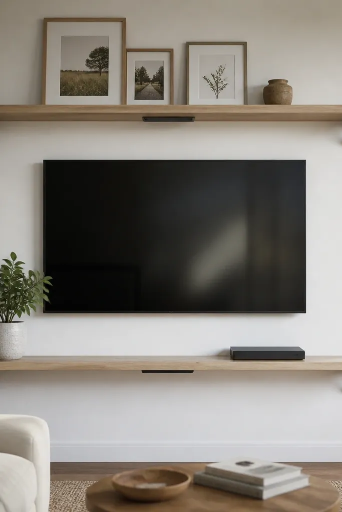 A TV wall with two long floating shelves. The shelf underside includes a neat cable slot area near the center. The shelves are light wood with black brackets. On top of the upper shelf are a few frames; the lower shelf holds a plant and a slim box.