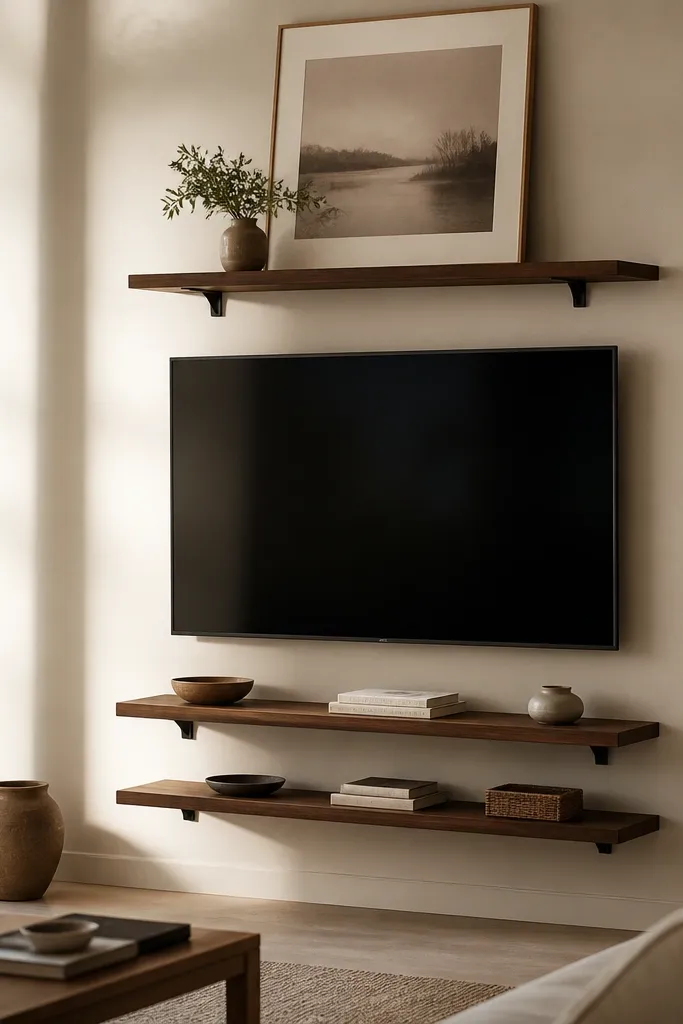 A TV with a vertical floating shelf arrangement: one shelf is mounted higher above the TV, and two narrow shelves sit below it. The shelves are walnut with thin black brackets. A large framed art piece sits on the upper shelf, and smaller objects sit on the lower shelves.