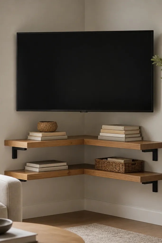 A TV centered with two floating corner shelves under it. The shelves meet at the corner and create a small L-shape under the TV. The wood is warm oak, brackets are black. The corner shelves hold stacked books and a small woven basket.