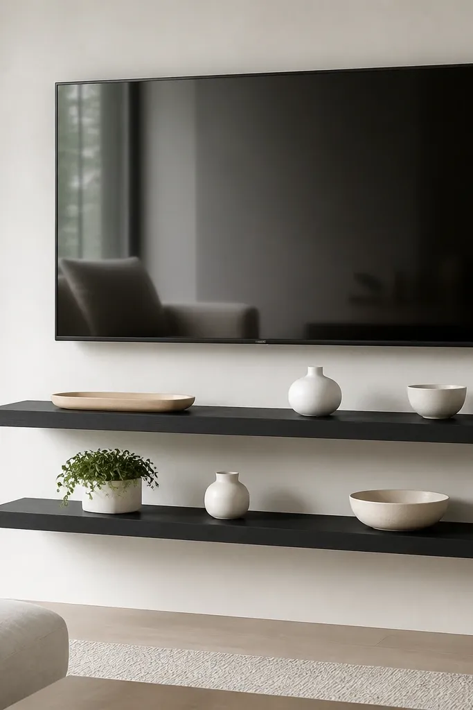 A TV mounted on a light wall with two matte black floating shelves. The shelves are darker than the wall, with clean straight lines. Decor is light: a pale wood tray, white ceramics, and a small plant. No clutter beyond three items per shelf.