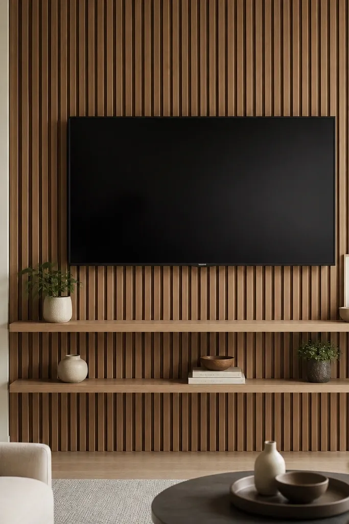 A TV wall with a vertical slat wood panel behind the TV and shelves. Two floating shelves sit under the TV on the slatted background. The shelves are the same wood tone as the slats, and the brackets are minimal. Decor includes a small plant and framed prints aligned to the slat lines.