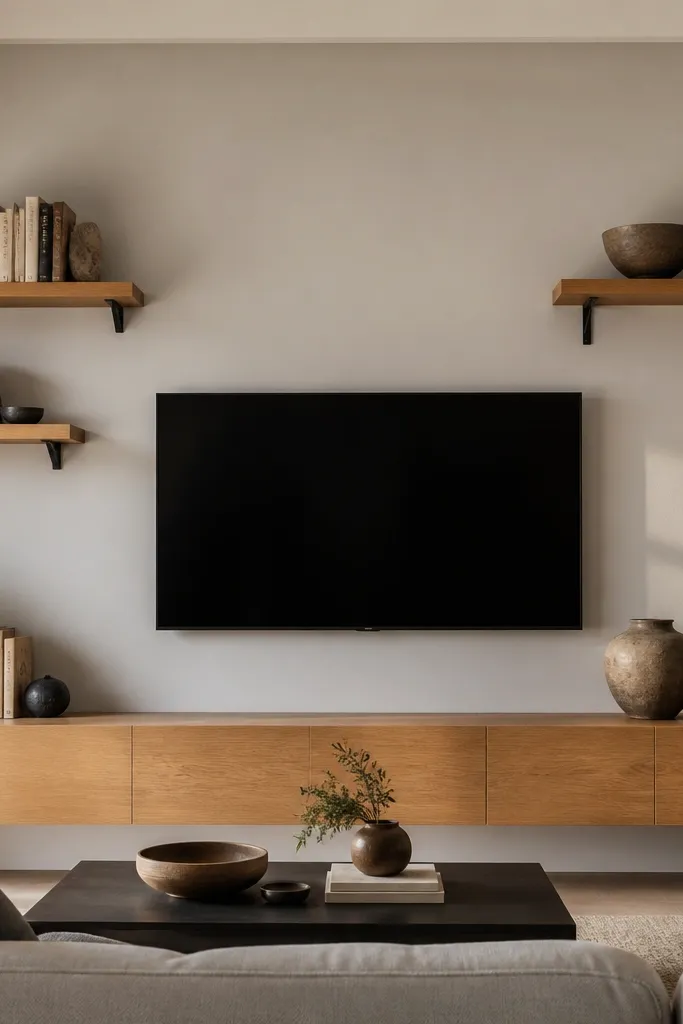 A TV wall with three floating shelves: two on the left side and one on the right, all at different heights. The shelves are warm oak with black brackets. The left shelves hold books and a small lamp base. The right shelf holds one large ceramic bowl and a small frame.