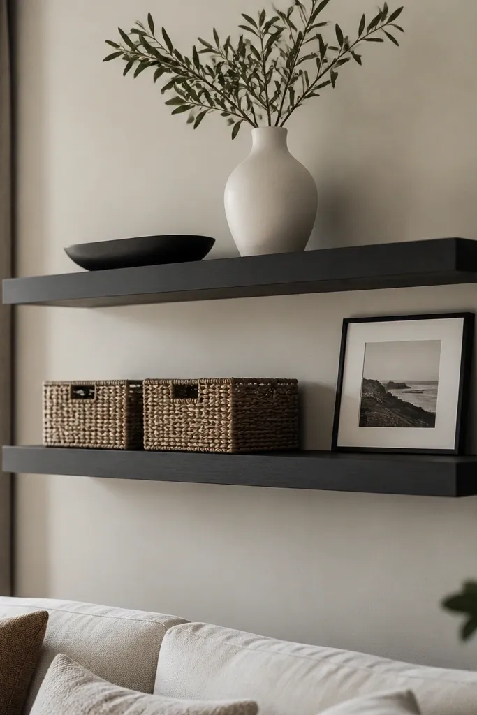 A living room wall with two matte black floating shelves. The top shelf holds a small black tray and a white ceramic vase. The bottom shelf has two woven baskets tucked side by side, with a single framed photo leaning at the back edge.