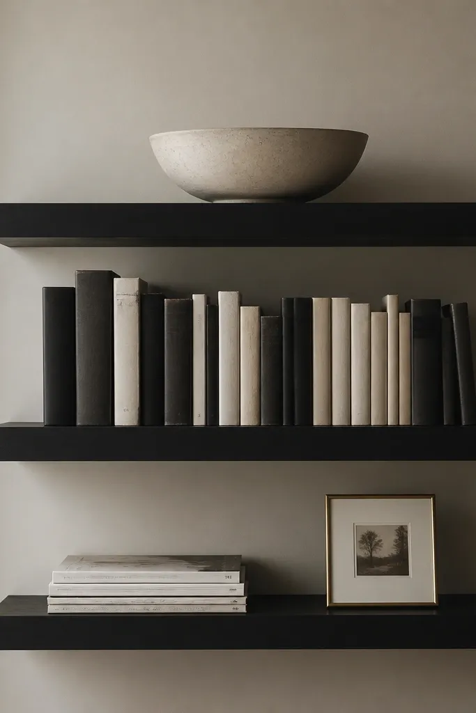 Three matte black floating shelves. The middle shelf is packed with black and cream books standing upright. The top shelf has a single wide ceramic bowl centered. The bottom shelf holds a small stack of magazines and a brass picture frame.
