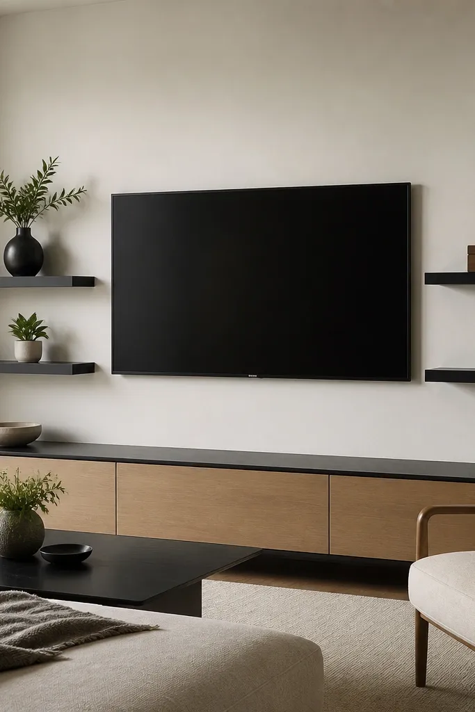 A living room with a wall-mounted TV. Two matte black shelves run horizontally on both sides of the TV. The left shelf has a black vase and a small plant pot; the right shelf has a wooden box and a white candle jar.