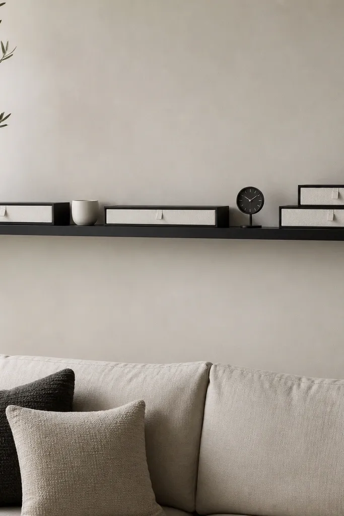 A long matte black floating shelf above a couch. On the shelf sits a neat row of shallow black-and-white fabric drawers in different lengths. Small decor items sit between the drawers: a white ceramic cup and a small black clock.