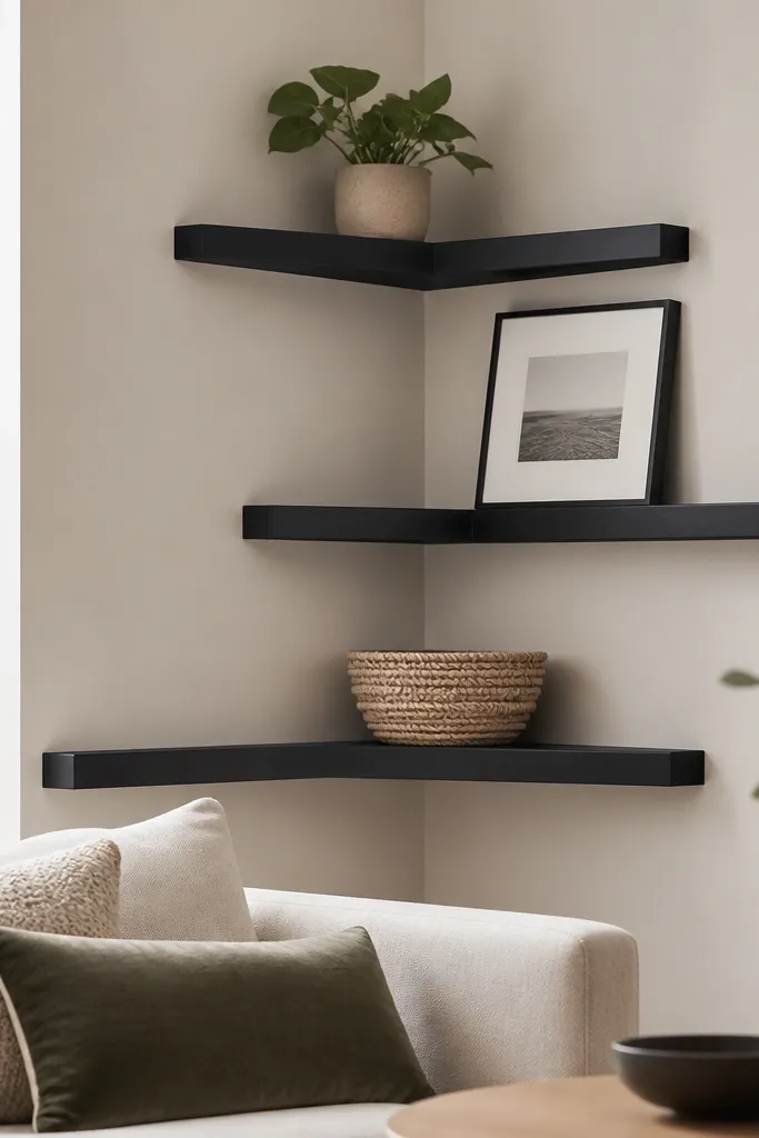 A living room corner with three matte black floating shelves. The shelves follow the corner wall, but each shelf is offset in height and length. A small plant sits on the highest shelf, a framed print sits on the middle, and a woven basket sits on the bottom.