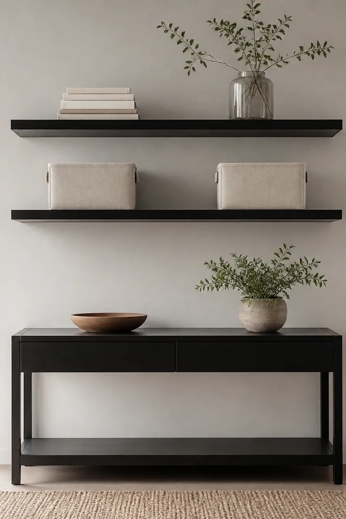 A black console table with two matte black floating shelves above it. On the bottom shelf are two rolling fabric bins on either side. The top shelf holds a stack of books and a tall glass vase.