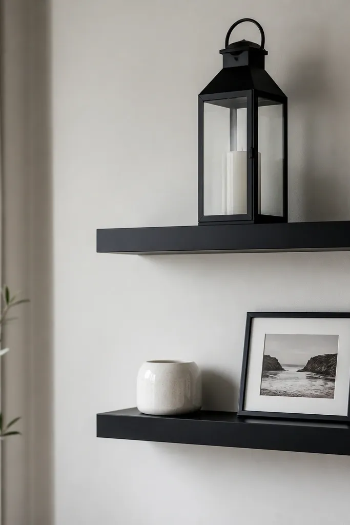 Two matte black floating shelves on a light wall. The top shelf holds a tall black lantern with a glass insert. The bottom shelf has a single white ceramic candle holder and a small framed photo.