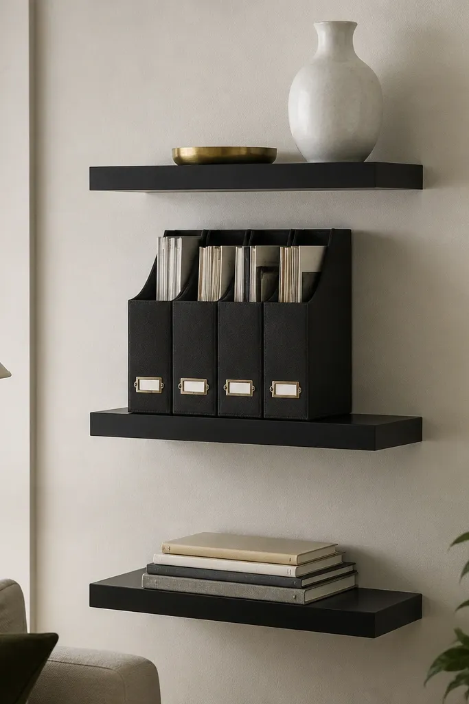 A living room wall with three matte black floating shelves. The middle shelf holds a vertical file organizer in black fabric with labels on the front. The top shelf has a small brass tray and a white vase. The bottom shelf has a stack of books laid horizontally.