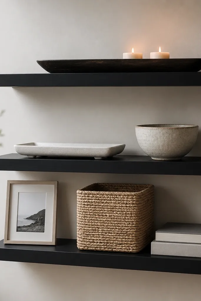 Three matte black floating shelves. The top shelf has a large black tray with two small candles. The middle shelf has a white tray and a ceramic bowl. The bottom shelf has a woven basket tucked between a standing photo frame and a book stack.