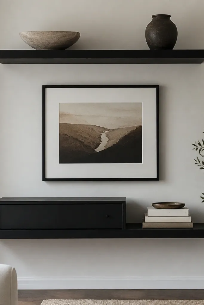 A wall with two matte black floating shelves. Between them is a framed art print. On the lower shelf sits a slim black cabinet insert with a door, plus a small stack of books.