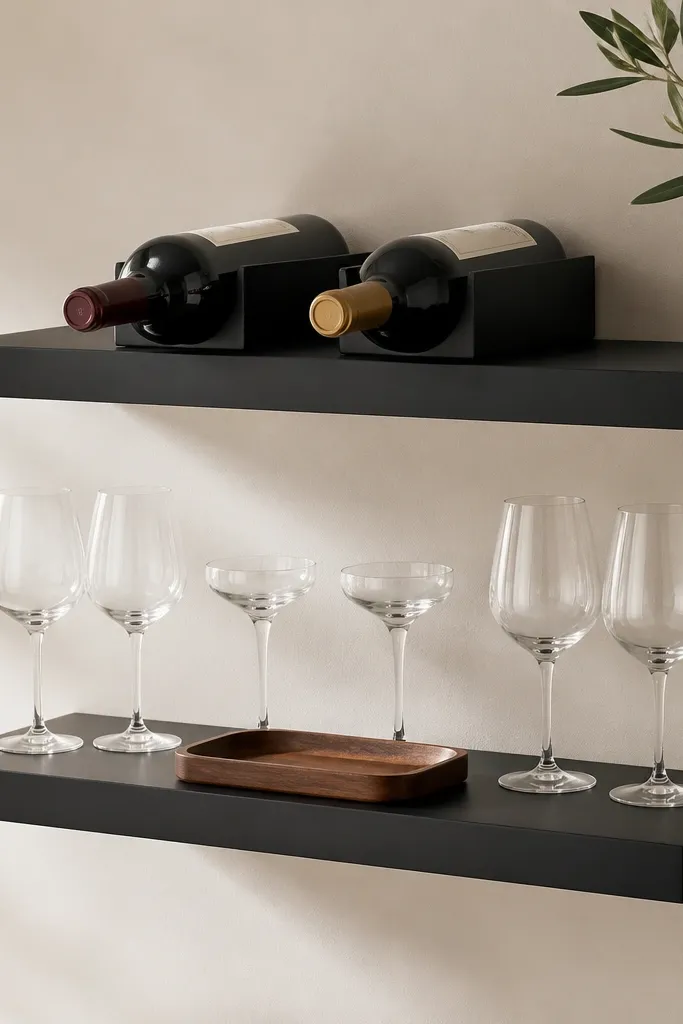 Two matte black floating shelves. The top shelf has two wine bottles laid horizontally in a simple black rack insert. The bottom shelf has stemmed glasses arranged in pairs and a small wooden tray.