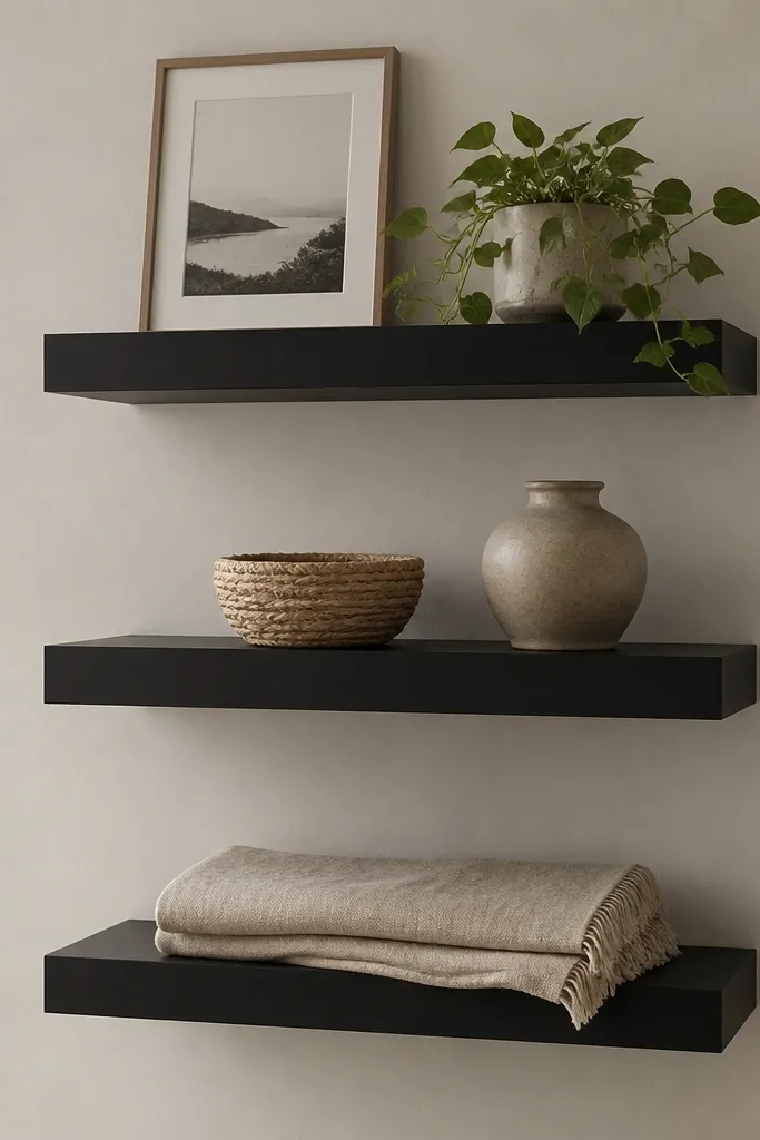 Three matte black floating shelves stacked vertically. The bottom shelf holds a folded linen throw in a neutral beige. The middle shelf has a small woven basket and a ceramic vase. The top shelf has a framed photo and a small plant.
