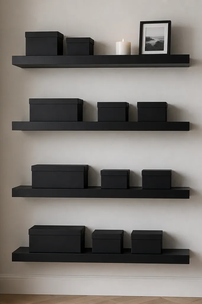 A horizontal run of four matte black floating shelves. Each shelf has small matching black storage boxes. The top shelf also has a single white candle and a small framed photo.