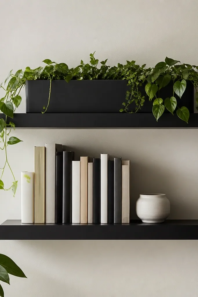Two matte black floating shelves. A long horizontal planter sits on the top shelf, with trailing green vines. The bottom shelf holds a mix of tall books and a small white ceramic pot.