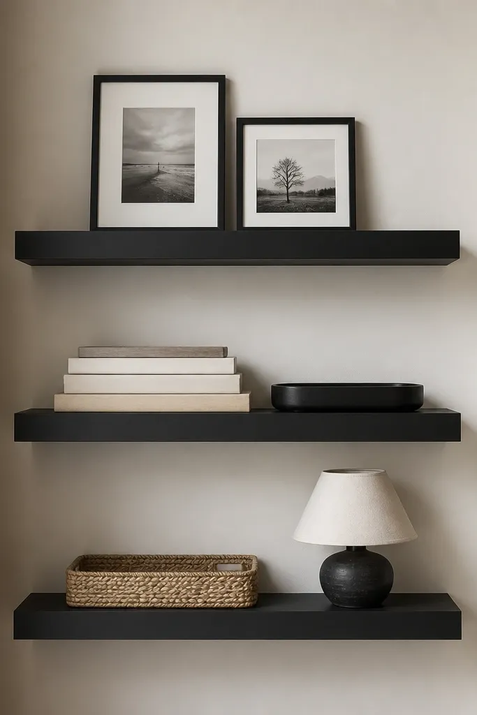 Three matte black floating shelves. The top shelf has two small framed photos standing. The middle shelf has a stack of picture ledges and a black tray. The bottom shelf has a woven tray and a small lamp base.